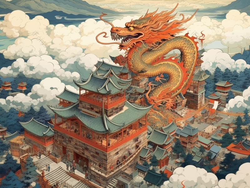 敦煌古城月牙泉鸣沙山祥云环绕古风建筑山海异兽神龙巨龙插画,插画/手绘图,插画/手绘图库,插画/手绘图下载,插画/手绘